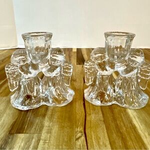 Set of Two Clear Glass Dual Angel CandleHolders Taper Candle Christmas Table